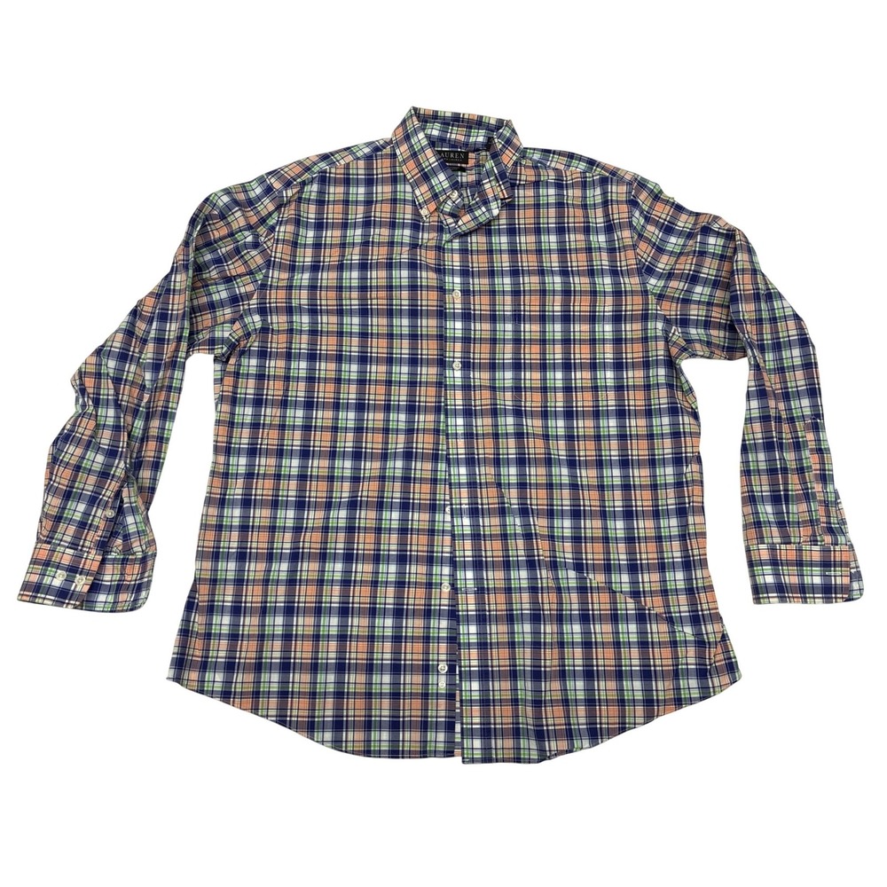 Lauren Ralph Lauren Mens XL Plaid Button Down Shirt Blue Green Orange Stretch